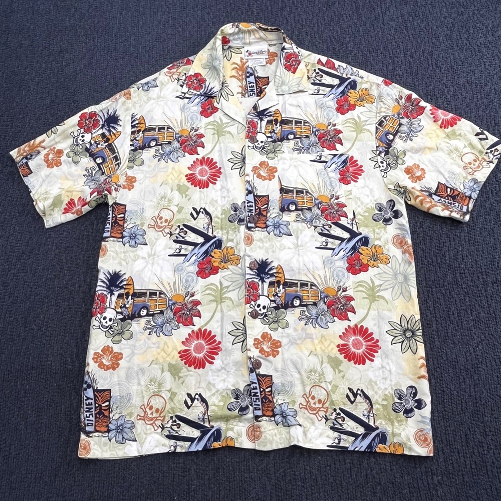 Walt Disney World Mickey Mouse Tiki Surf Aloha Shirt Sz Small Rayon Woody Wagon